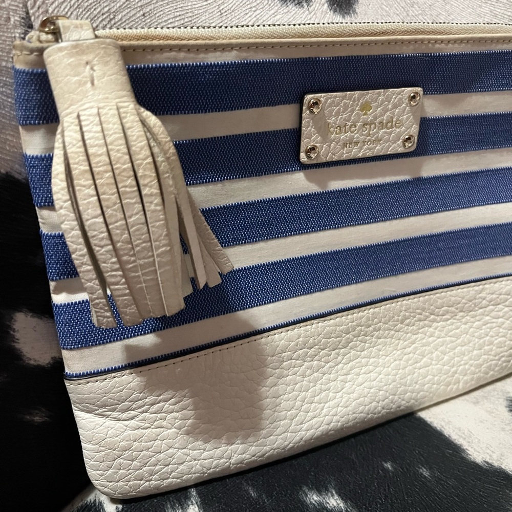 Kate Spade Cream & Blue Striped Fabric Clutch